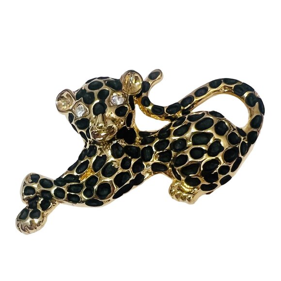 Gold & Black Leopard Spots Cat Beast Kitten Brooch Rhinestone Accents 2.25" - Picture 1 of 6